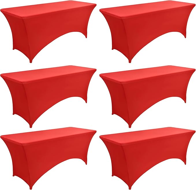 6-Pack 6ft Red Spandex Table Covers for Rectangle Standard Folding Tables - Wrinkle Resistant Stretch Tablecloths - Ultimate Fitted Table Protector for Parties, Trade Shows, Wedding