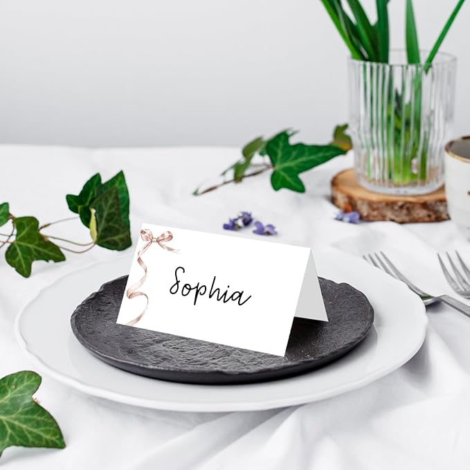 25 Pack Pink Bow Place Cards, Editable Name Cards for Table Setting, Tent Cards Food Label for Dinner Party, Bridal Shower, Wedding, Baby Shower and Events -T28