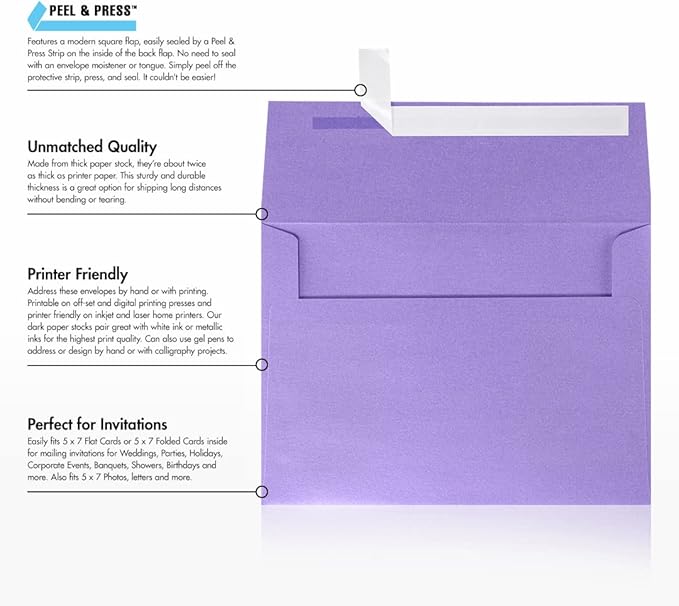LUXPaper A7 Invitation Envelopes | Peel & Press | 5 1/4" x 7 1/4" | Amethyst Metallic | 80lb. Text | 50 Qty