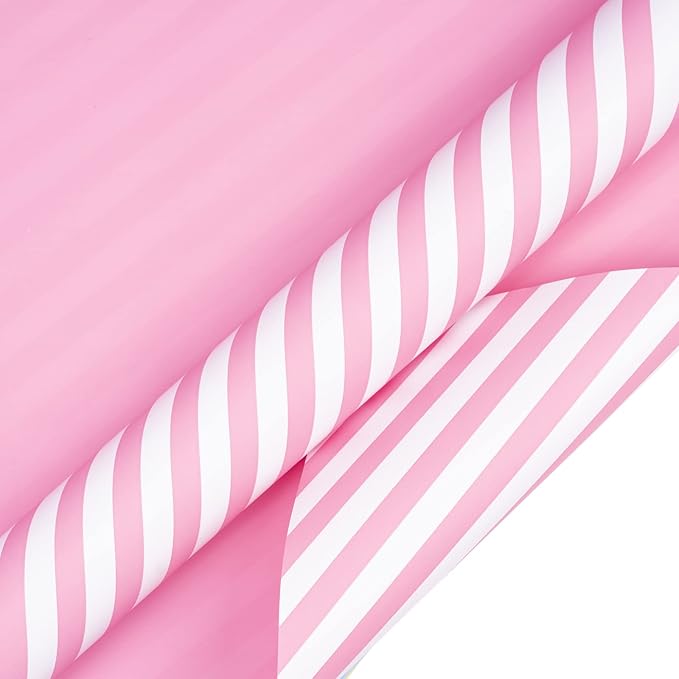 WRAPAHOLIC Reversible Wrapping Paper - Mini Roll - 17 Inch x 33 Feet - Pink and Stripes Design for Birthday, Wedding, Baby Shower, Holiday