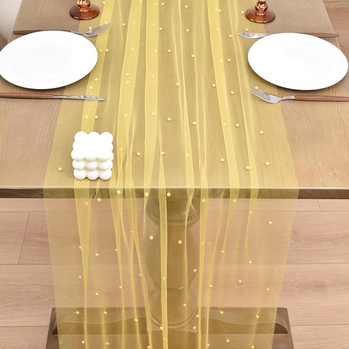 Joanlody Fall Pearl Table Runner 10ft Rustic Boho Tulle Table Runner with Pearls for Baby Shower Wedding Party Veil Dessert Thanksgiving Table Decor Yellow 4pcs