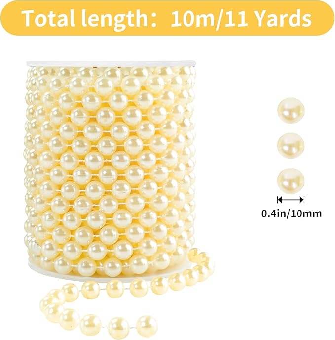 Faux Ivory Pearl Garlands - 10mm Christmas Tree Beads - 11 Yards Strands - Wedding/Christmas Decoration