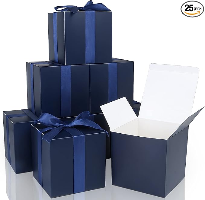 COTOPHER Small Gift Boxes 25 Pack 5x5x5 inches Blue Gift Boxes with Lids for Gifts, Crafting, Wedding Party Favor, Cupcake Boxes, Candy, Bridesmaids Proposal Box with Ribbons and Stickers