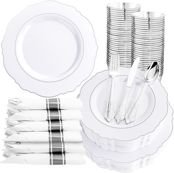 Liacere 350PCS Silver Plastic Plates-Disposable White and Silver Plates 50guest Baroque Plastic Dinnerware Set include 100Plates, 50Pack Pre Rolled Napkins with Silverware 50Cups Perfect for Chrismas