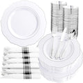 Liacere 350PCS Silver Plastic Plates-Disposable White and Silver Plates 50guest Baroque Plastic Dinnerware Set include 100Plates, 50Pack Pre Rolled Napkins with Silverware 50Cups Perfect for Chrismas