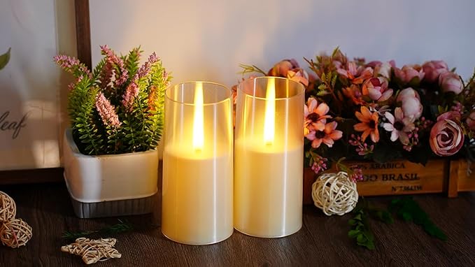 Flameless LED Candles, Upgraded Realistic Flickering Pillar Battery Operated Candles with Remote Timer, Acrylic Electric Set of 2 for Romantic Ambiance and Home Decoration（Ivory）