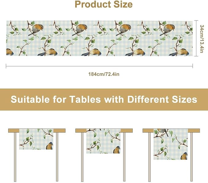 Bird Table Runner,Spring Birds Tree Blue Plaid Print Table Runner for Kitchen Dining Table Decoration Home Party Decor 13x36 Inch