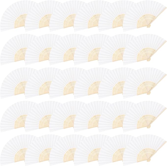 MCEAST 30 Pieces Silk Folding Fans with Bamboo Frames, Handheld Fan Foldable Fan for Wedding Gifts, Party Favors, Home Decoration, White