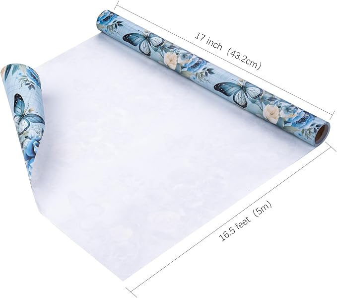 WRAPAHOLIC Kraft Floral Wrapping Paper - Mini Roll - 17 Inch x 16.5 Feet - Dusty Blue Flower and Butterfly Design for Wedding, Birthday, Bridal Shower, Tea Party, Drawer Liners, Home Closet Shelves