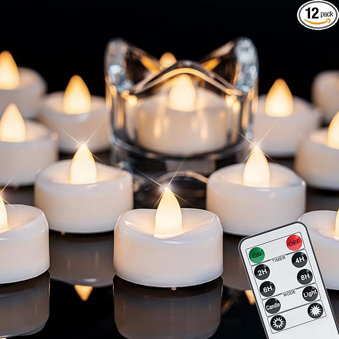 Remote Candles, 12PCS Flameless Tea Lights Candle Battery Operated with Timer, 400+Hours Remote Control LED Tea Lights Votive Candle for Holiday Table Centerpieces Decor