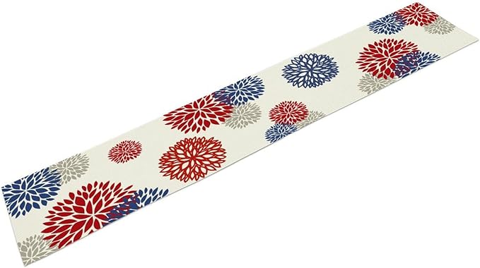 4th of July Table Runner, Blue Red Dahlia Flower American Patriotic Memorial Day Table Runner for Farmhouse Kitchen Dining Table Party Decor, 13x120inch