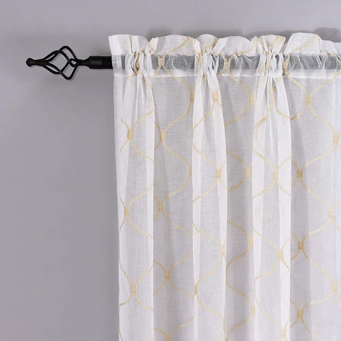 Sheer Curtains Gold 45 Inches, Embroidered Wave Diamond Rod Pocket Voile Drapes for Living room, Bedroom, Window Treatments Semi Curtain Panels for Yard, Patio, Villa, Parlor, Set of 2, 52"x 45".