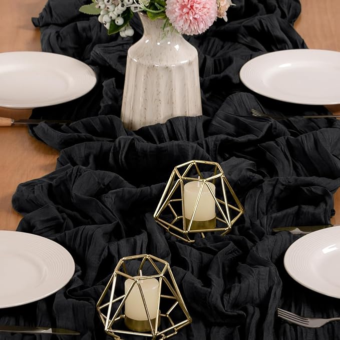 MLMW Halloween Table Runner Cheesecloth Black Boho Gauze Cheese Cloth 160 inch Rustic Sheer Table Runner 13.3ft for Party Wedding Baby Bridal Shower Birthday