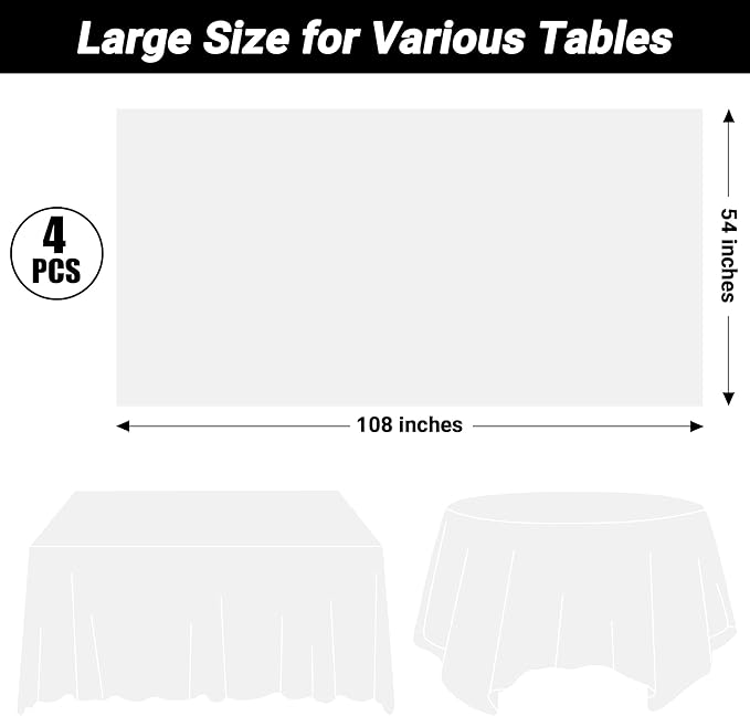 4 Packs White Plastic Tablecloth, Sturdy Disposable Table Cloth, 54 X 108 Inches Paper Table Cloths for Parties Disposable, Effortless Cleanup for Picnic Table Cloths Parties Birthday and Any Occasion