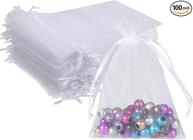 Wudygirl 100pcs 5X7 Inches White Organza Bags Christmas Drawstring Pouches Party Wedding Favor Bags Goodie bags(White 5x7)