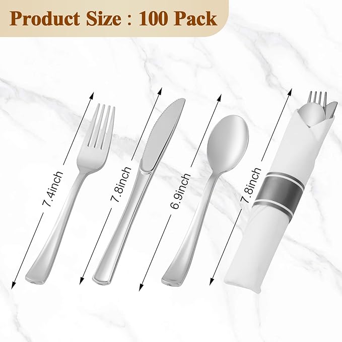 BESTVIP 100 Pack Pre Rolled Silver Plastic Silverware Set, Disposable Wrapped Cutlery Set with 100 Napkins, 100 Knives, 100 Forks and 100 Spoons for Party, Birthday