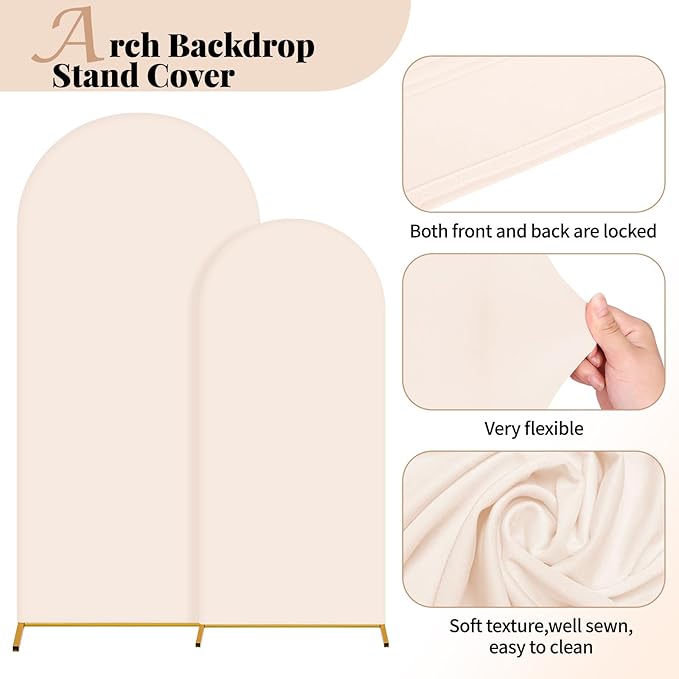 Wedding Arch Cover 6FT 7.2FT Arch Backdrop Cover Fitted Spandex Covers Set of 2 Round Top Chiara Arches Backdrop Stand Covers for Party Birthday Decoration（Beige