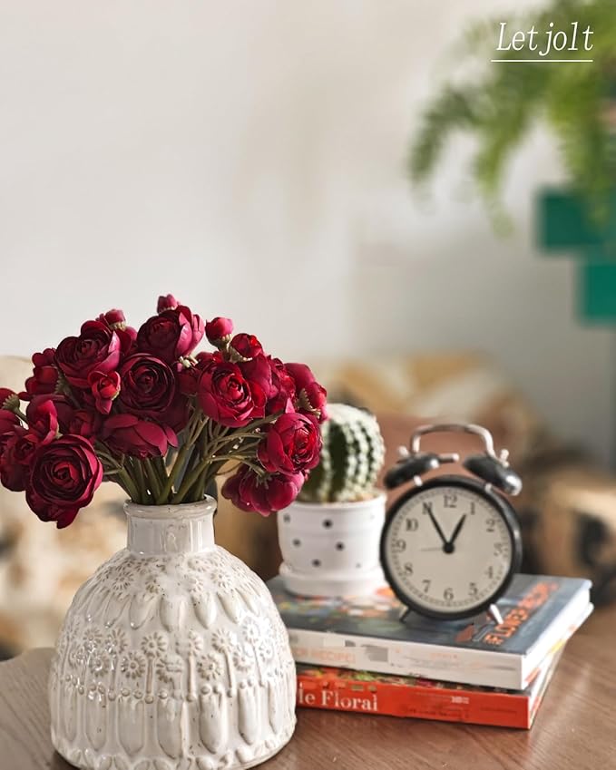 Letjolt Ranunculus Artificial Flower 18 Pcs Red Silk Ranunculus Wedding Bouquet Engagement Centerpieces Arrangements Bridal Shower Decorations Home Decor, Dark Red
