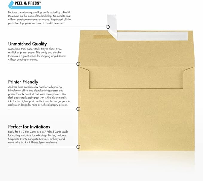 LUXPaper A7 Invitation Envelopes | Peel & Press | 5 1/4" x 7 1/4" | Blonde Metallic | 80lb. Text | 500 Qty