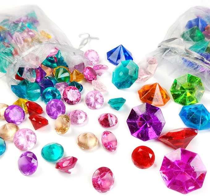 HappyFiller 130 PCS Acrylic Diamonds Fake Crystal Gems 2 Size Mixed for Swimming Pool Pirate Treasure Box Hunt Jewels,also Wedding Party Decor Table Scatters,Colored Vase Fillers