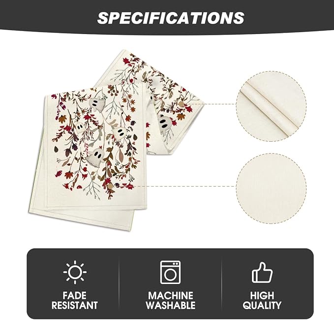 Artoid Mode Ghost Flowers Leaves 210 GSM Halloween Table Runner,Seasonal Fall Kitchen Dining Table Decoration for Home Party Decor 13x90 Inch