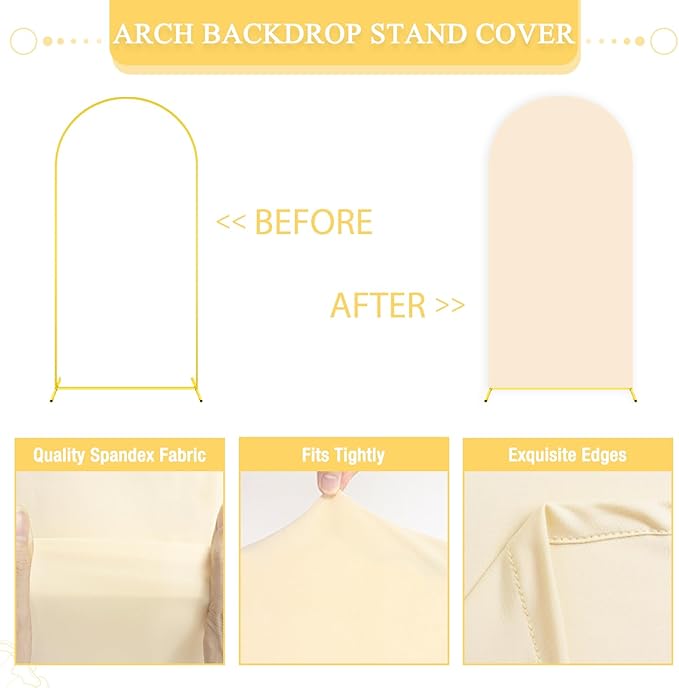 Arch Backdrop Stand with Beige Spandex Arch Cover Set of 2 6FT 7.2FT Spandex Fitted Stretchy Arch Covers for Party Gold Metal Backdrop Stand for Wedding Baby Shower