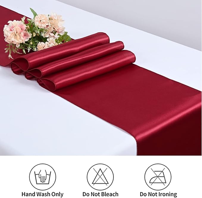 20 Pack Burgundy Satin Table Runner,12 x 108 inch Long Premium Smooth Burgundy Table Runners for Wedding, Banquets, Birthday, Party, Engagements,Table Runners fit Rectangle and Round Table