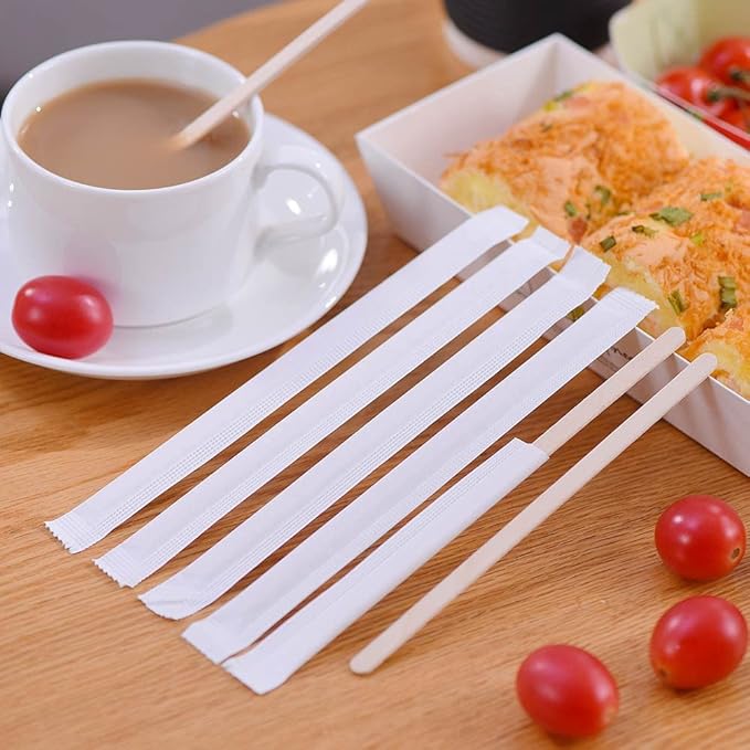 500pcs Individually Wrapped Coffee Stirrers Wood - 7" Coffee Stir Sticks, Round End Disposable coffee stirrer, For Coffee, Cocktail and Hot Drinks