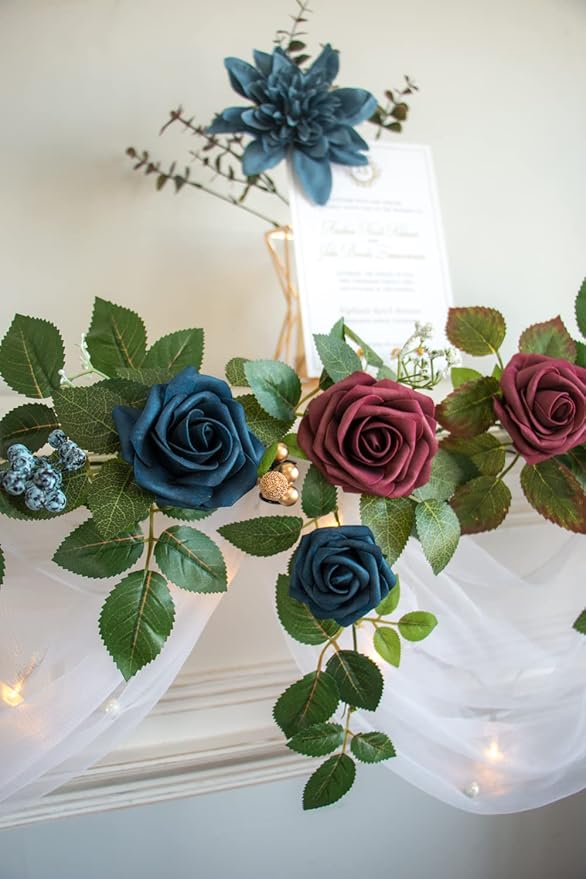 PONATIA 5FT Handcrafted Artificial Rose Flower Garland, Burgundy Flower Garland for Wedding Ceremony Garlands Backdrop Arch Flowers, Ceremony Reception Table Decorations (Burgundy & Navy)