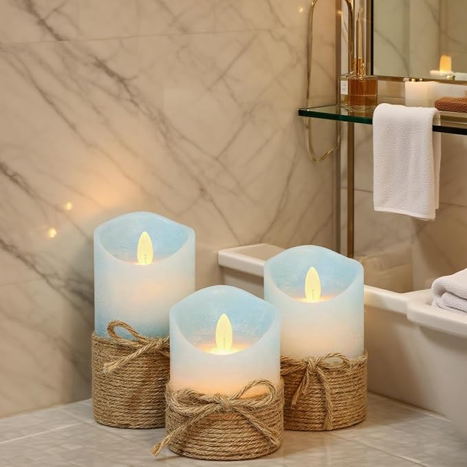 Silverstro Nautical Decor Ocean Blue Flameless Candles - Home Christmas Farmhouse Summer Decorations - Set of 3 (D3.11 X H4 5" 6")