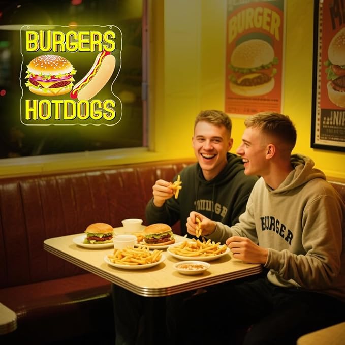 Hot Dogs Burgers Neon Signs for Wall Decor,Hot Dogs Led Neon Sign Party Decorations,Dimmable Hamburger Led Lights Sign for Business Food Restaurant Bar Birthday Party Decor,Hot Dog Shop Decor