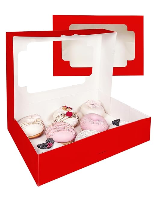 qiqee Auto-pop up Red Cookie Box with Window 12x8x2.5 inch 32 Packs Two Uses One Second Folding Pastry Biscuit Bakery Box for Packaging