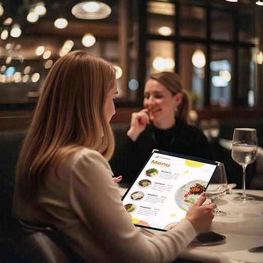 Goodsmart Restaurant Menu Covers – 25 Pack Black 2-View, Top-Loading Menu Holders, Vinyl & Plastic Café Menu Covers, Clear Menu Sleeves, Fits 5.5" x 8.5", Leather-Style Design, Gold Corners