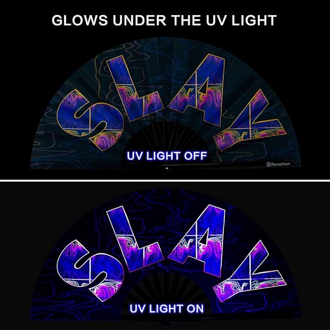 UV Glow Rave Fan, Bamboo Folding Clack Hand Fans Foldable for Men Women, Boots on the Ground Poping Fan for EDM Festival Line Dance Decoration, (Slay, Large 13")