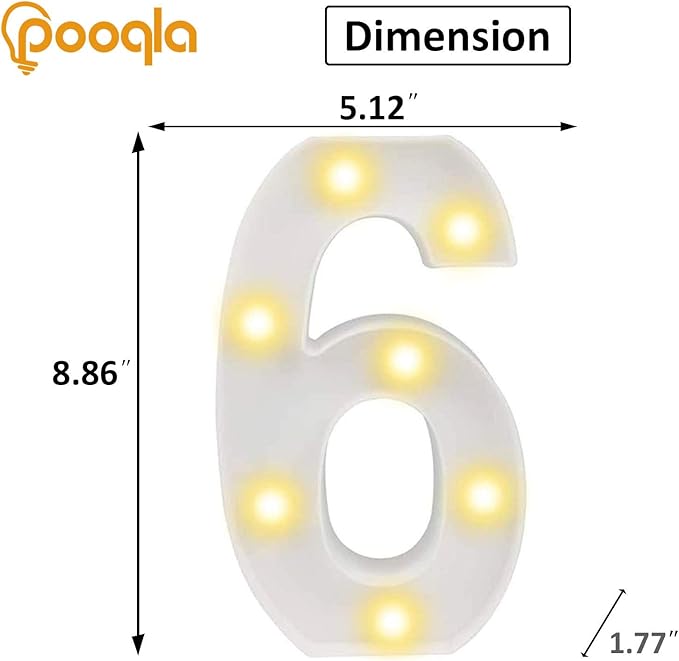 Pooqla Decorative LED Light Up Number Letters, White Plastic Marquee Lights Sign Party Wedding Decor, Battery Operated (6)