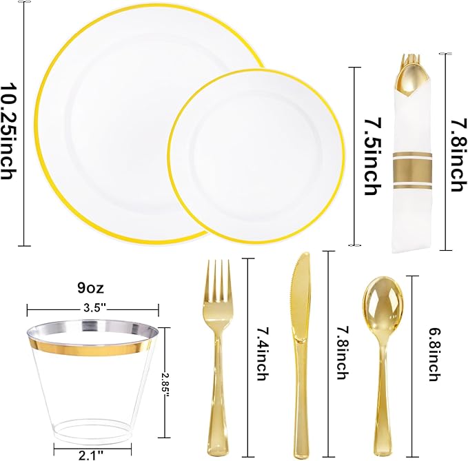 SUT 175 Pcs White and Gold Plastic Plates, Plastic Dinnerware Set for 25 Guests, Disposable Plates and Napkins Party Supplies, Gold Silverware, Plates, Cups and Napkins Sets for Party, Weddings