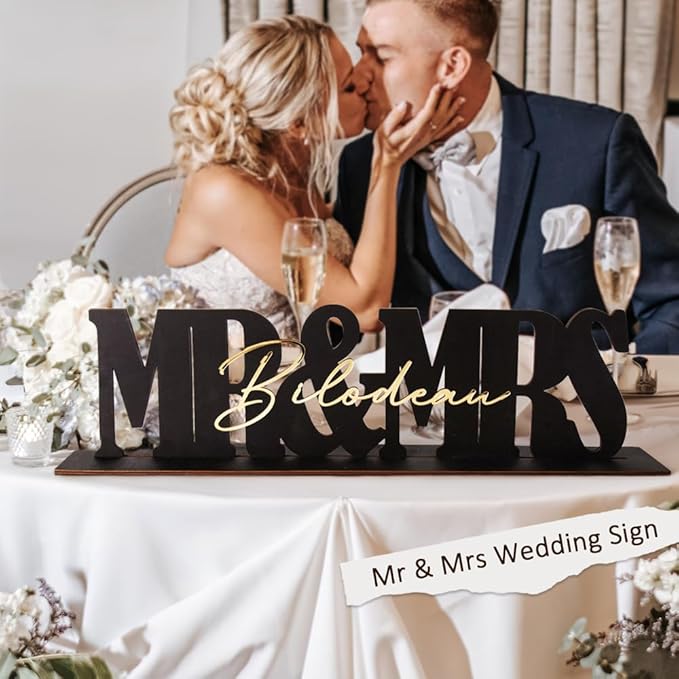 callie Personalized Mr and Mrs Wedding Table Sign, Custom Name Date Mr and Mrs Table Decor for Wedding, Bridal Shower, Anniversary Party