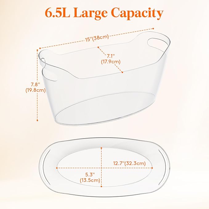 Lifewit Large 6.5L Ice Bucket for Parties 4 Pcs (in 1 Package), Portable Drink Bucket for Cocktail Bar, Plastic Champagne Cooler for Beverage/Wine/Beer, Mimosa Bar Supplies Chiller Tub with Scoop