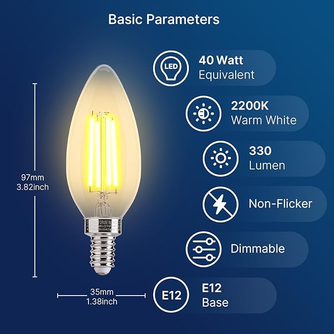 FLSNT LED Candelabra Light Bulbs 40W Equivalent, B11 E12 Small Base Chandelier Bulbs, 2200K Warm White, Dimmable, 330LM, Amber Glass Finishing, 12 Pack UL,CA65 Listed.