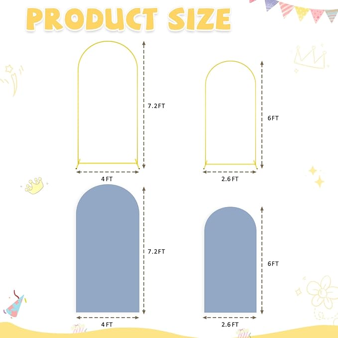 Arch Backdrop Stand and Cover Set 6FT 7.2FT Dusty Blue Arch Backdrop Covers Set of 2 Gold Metal Arch Frame Spandex Arched Covers for Birthday Party Banquet Wedding Ceremony Decor