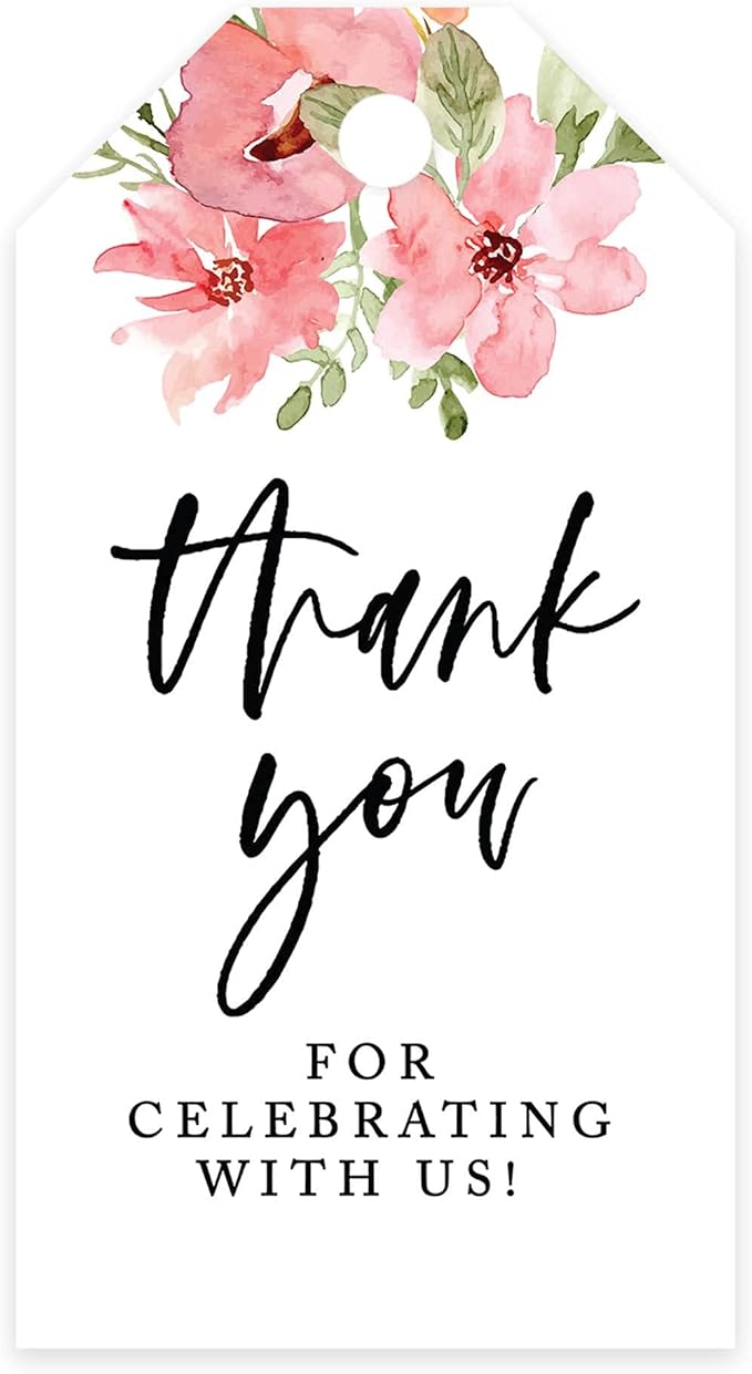 Andaz Press 100-Pack Thank You for Celebrating with Us Favor Tags Coral Watercolor Florals Cardstock Gift Tags with Bakers Twine for Wedding Baby Shower Bridal Shower Party Favors 2 x 3.75-Inches