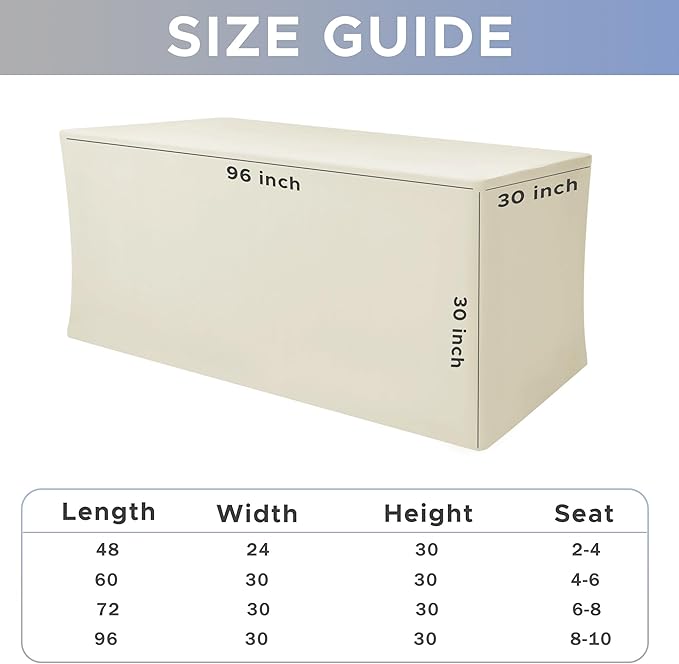 Nasitos Fitted Table Covers Stretch Spandex - 96 x 30 Inch - 2 Pack Beige Rectangle Table Clothes for 8 Foot Folding Tables, Fabric Tablecloths for Parties, Trade Show, Craft Show, Birthday