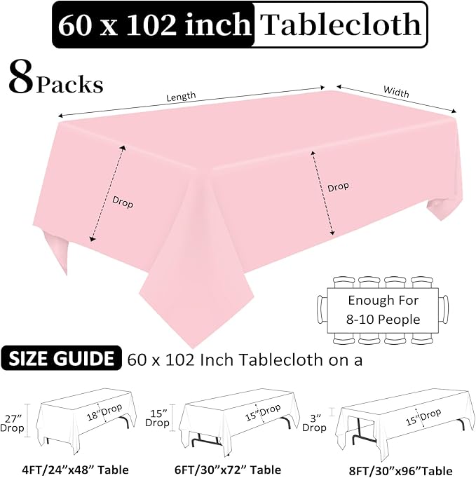 8 Pack Pink Tablecloth 60 x 102 Inch Rectangular Tablecloths for 6 Foot Rectangle Tables, Wrinkle Resistant Pink Table Cloth Washable Polyester Fabric Table Covers for Buffet Wedding Party Banquet
