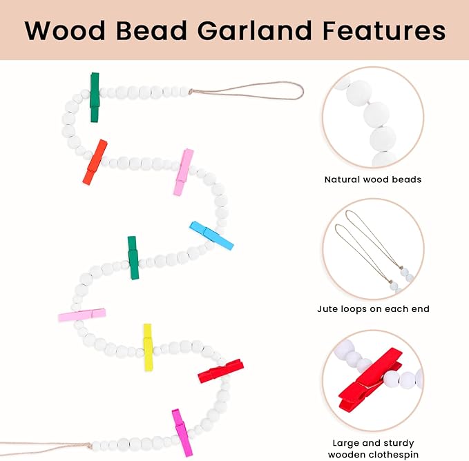 Hanging Photo Display Wall Decor, Wooden Bead Garland Collage Picture Frame with 9 Different Random Colors Wood Clips for Boho Bedroom, Living Room, Office, Dorm Decor