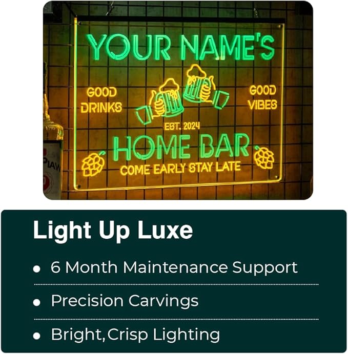 Personalized Cocktail Bar Signs with Your Name for home wall light up with personalized pub name, man cave accessories, beer themed neon customizable lighted sign