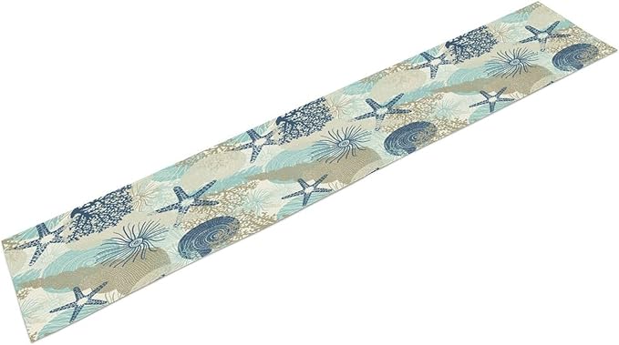 Nautical Coastal Table Runner，Ocean Themed Starfish Coral Conch Beach Kitchen Dinning Table Decoration for Indoor Outdoor Home Party Decor 13x108 Inch