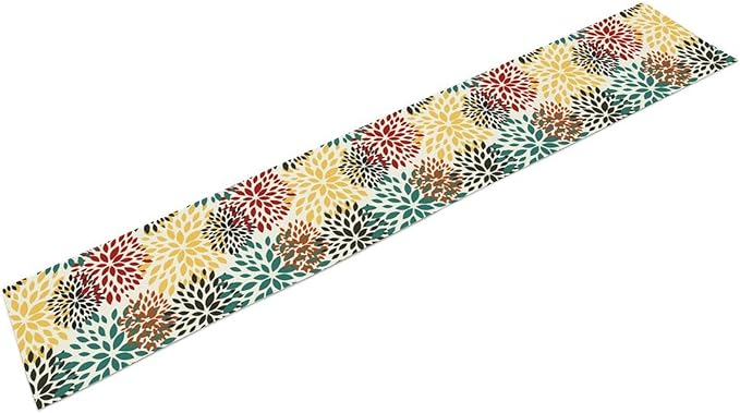 Green Red Dahlia Flower Table Runner Chrysanthemum Geometric Kitchen Dining Bedroom Living Room Table Decor for Indoor Outdoor Home Party, 13x70 Inch