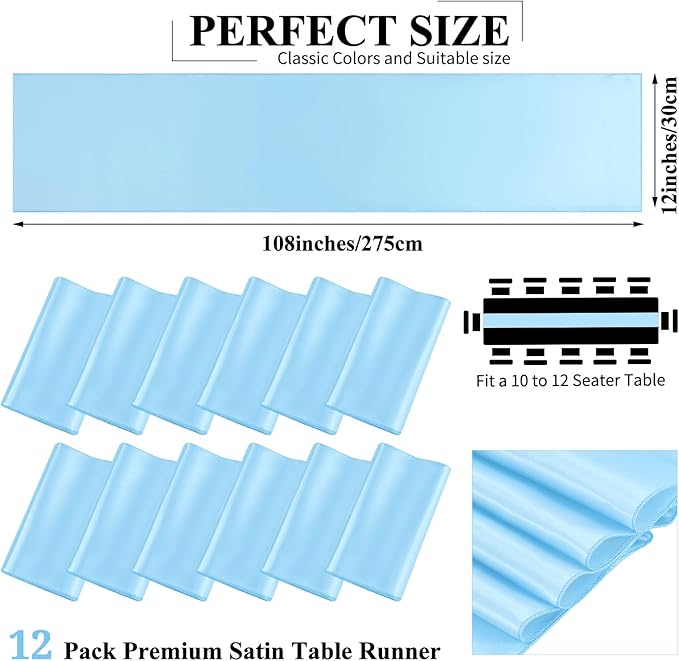 12 Pack Light Blue Satin Table Runner,12 x 108 inch Long Premium Smooth Table Runner for Wedding, Banquets, Birthday, Party, Graduation, Engagements,Table Runners fit Rectangle and Round Table