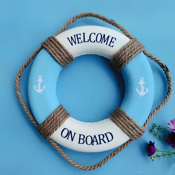 MorroMorn Lifebuoy Wall Hanging Decor - Welcome Aboard Mediterranean Style Home Decoration Hemp Rope (Blue, 14")