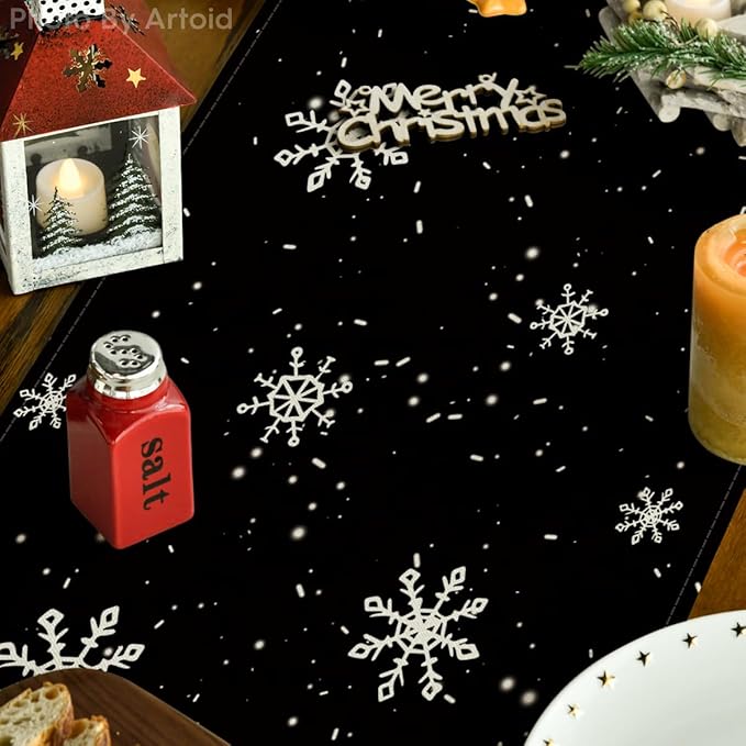 Artoid Mode Black Snowman Snowflake Let it Snow Winter Table Runner, Christmas Kitchen Dining Table Decoration for Home Party Decor 13x108 Inch